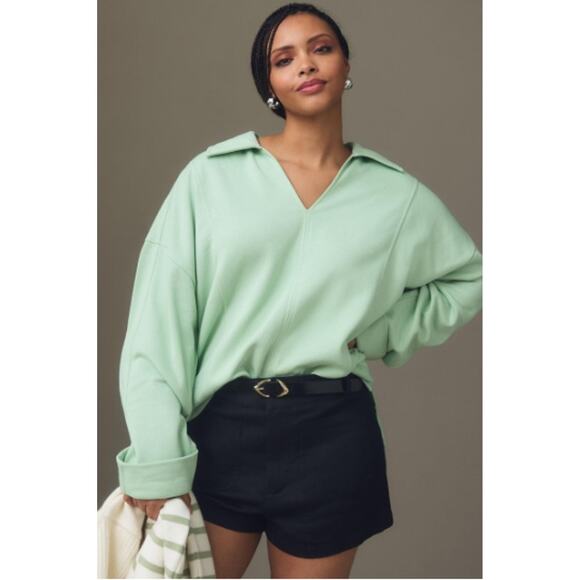 Anthropologie Pilcro Johnny Collar Pullover Sweatshirt Mint Green Oversize XS - Picture 1 of 7